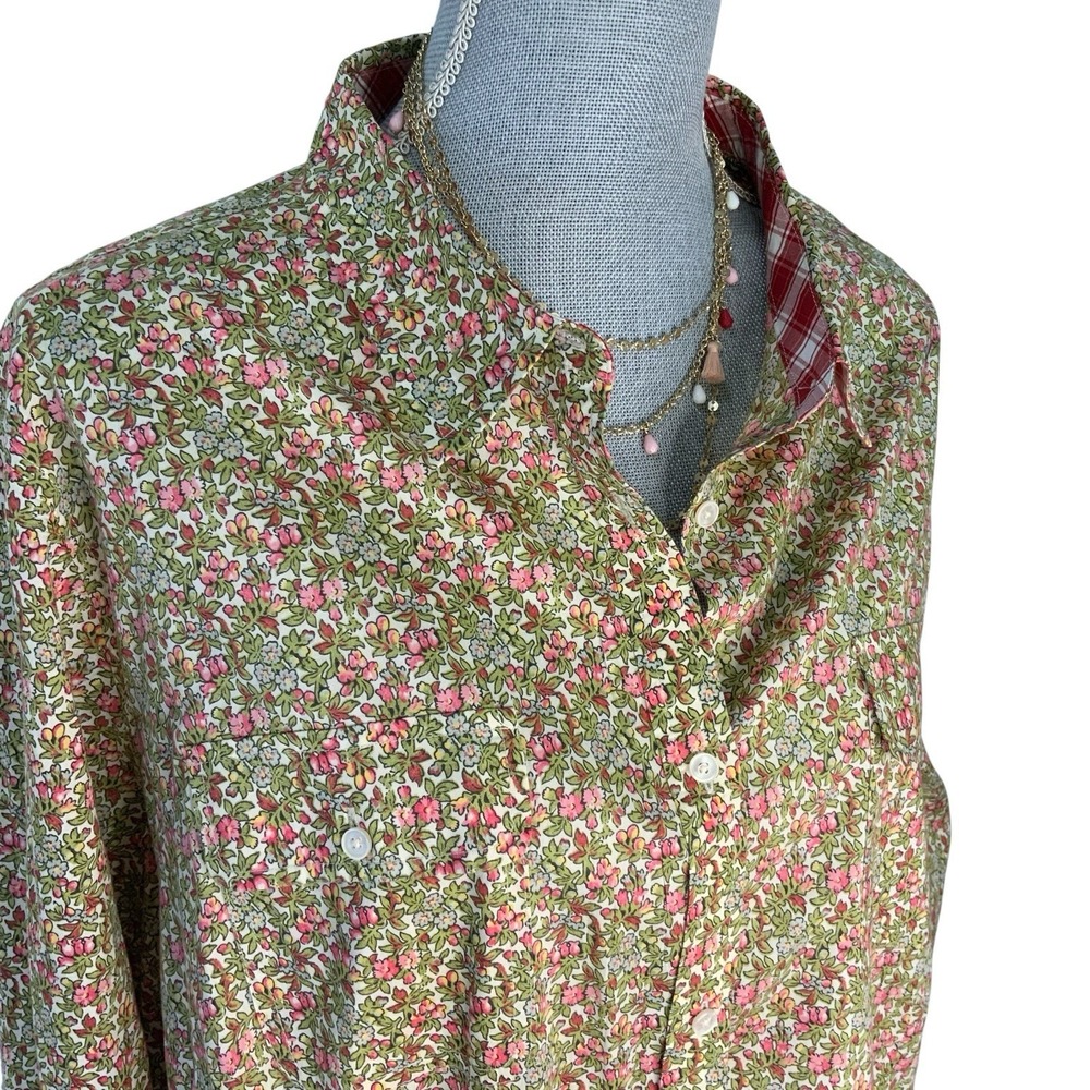Talbots Woman 24W‎ Button Up Shirt Pink Green Floral Plaid Trim Roll Tab Sleeve